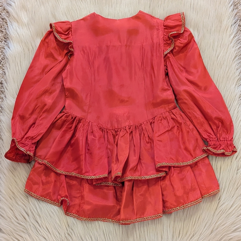 Vintage red rudfle long sleeve dress with gold metal trim detail size 12 m